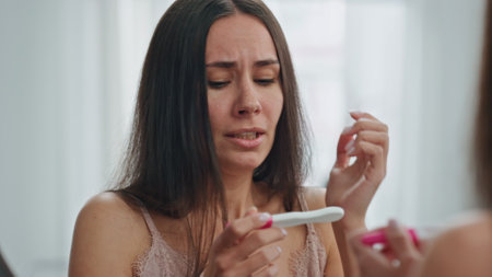 Stressed girl holding pregnancy test at mirror place. Close up scared woman feeling sad for unplanned baby at bathroom. Worried lady pregnant testing reacting results at home. Unwanted kid conceptの写真素材