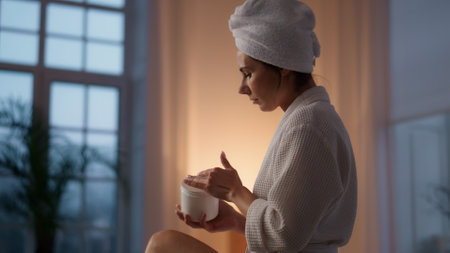 Gorgeous woman moisturizing legs at bath room closeup. White gown relaxed lady applying replenishing lotion on dry skin. Head towel model putting cream at night candles interior. Skincare spa conceptの写真素材