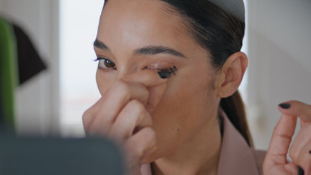 Focused woman applying eyelashes doing makeup at studio closeup. Serious lady face decorating eyes enjoying beauty routine. Brunette model making professional visage testing beauty products at houseの写真素材