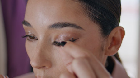 Makeup woman applying eyelashes at room closeup. Visagiste lady face decorating eyes accurately putting false lashes. Brunette model doing perfect visage testing beauty products at light flat interiorの写真素材