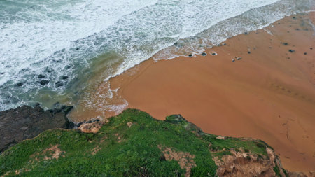 Aerial view woodland hills at sandy beach. Cinematic wild landscape evergreen trees growing on stoned slopes. Lush green forest foaming ocean surf at fresh cloudy sky day. Calm wilderness conceptの写真素材