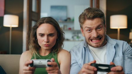 Gamers pair competing console game in pov view. Excited cheering man winner looking at loosing wife...