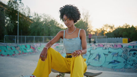 Beautiful teenager sitting on skateboard looking camera close up. Attractive african american girl skater posing on longboard summer evening. Curly casual woman hipster relaxing in urban skate park.の写真素材