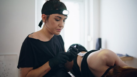 Focused tattooist holding machine at home closeup. Serious woman changing consumable at client session. Involved tattoo artist working in creative home studio. Flashlight lady sitting workplaceの写真素材