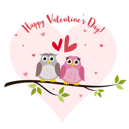 Valentine's Day card with cute owlsのイラスト素材