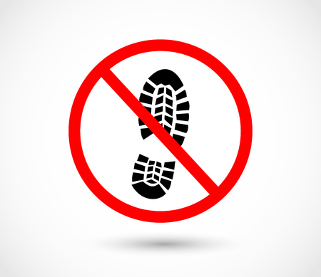 Imprint soles shoes sign icon. Shoe print symbol. Do not stay. Red prohibition sign. Stop symbol vectorのイラスト素材