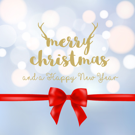 Beautiful Christmas card with light blue bokeh and red ribbon bow. VECTORのイラスト素材