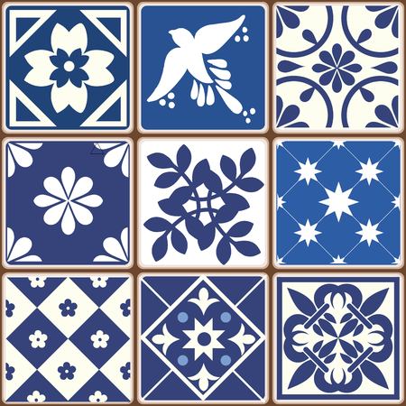 Blue Portuguese tiles pattern - Azulejos vector, fashion interior design tilesのイラスト素材