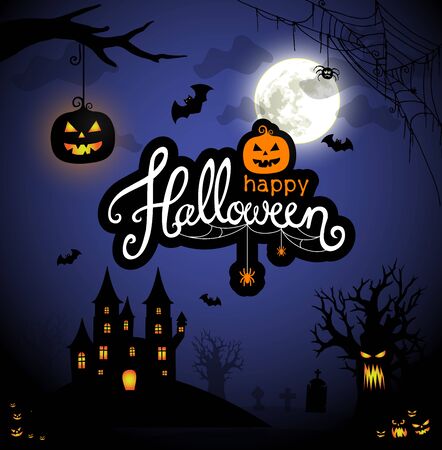 Spooky Halloween illustration with hounted castle, pumpkin lantern and evil tree in the moonlight vectorのイラスト素材