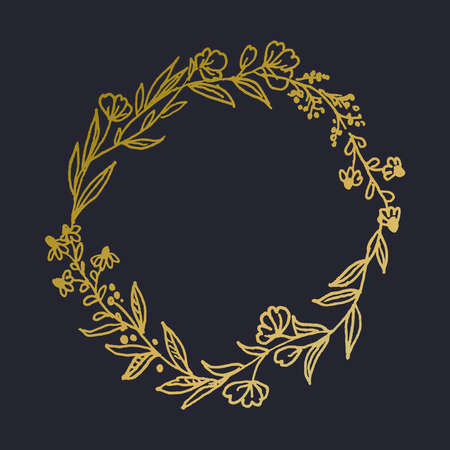 Beautiful hand drawn floral, botanical gold wreath vectorのイラスト素材