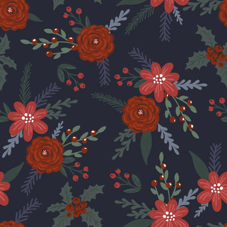 Beautiful seamless Christmas pattern with red flowers, berries and branches vectorのイラスト素材