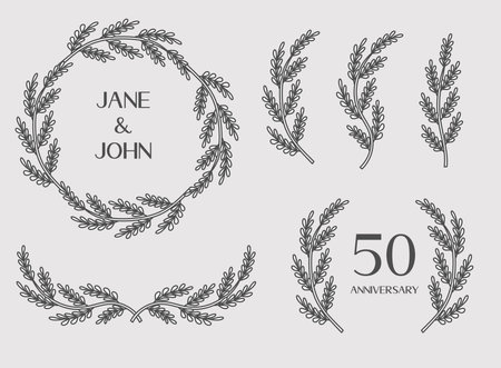 Beautiful botanical, rustic set of wreaths, laurels, dividers vector ornament collectionのイラスト素材