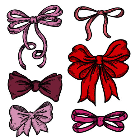 Beautiful hand drawn ribbon decorative bows set vector illustrationのイラスト素材