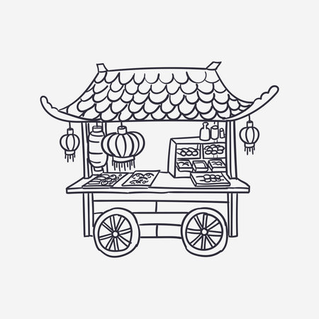 Hand drawn asian food truck stall vector drawing, illustrationのイラスト素材