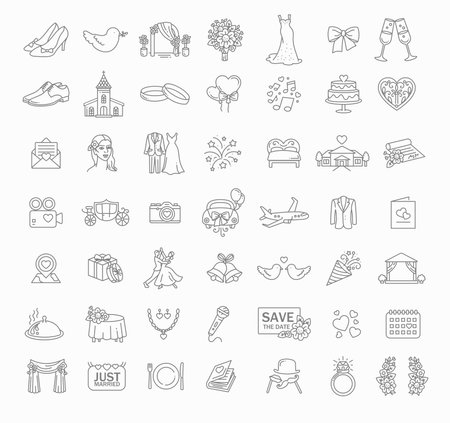 Collection of beautiful thin line style vector wedding iconsのイラスト素材