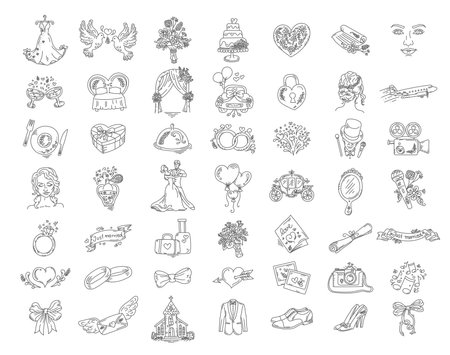 Collection of beautiful thin line style vector wedding iconsのイラスト素材