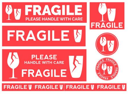 Fragile signs set vector- sticker collection for careful deliveryのイラスト素材
