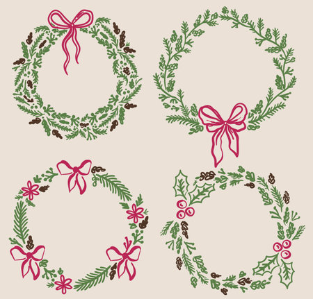 Beautiful hand drawn whimsical style vector Christmas decorative wreaths setのイラスト素材