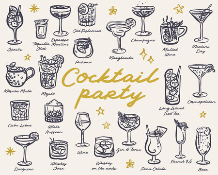 Beautiful hand drawn collection of drinks and cocktails - vector illustrationのイラスト素材