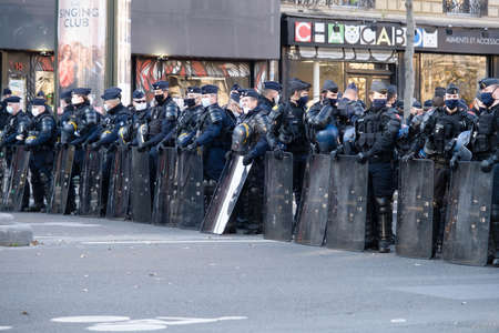 Paris, France - November 28th 2020: at the march against the global security law, police squad...