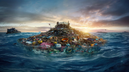 AI generated A massive island of garbage floating in the vast expanse of the ocean, serving as a powerful visual . The detailed and haunting image captures the immense scale of the issue,の素材