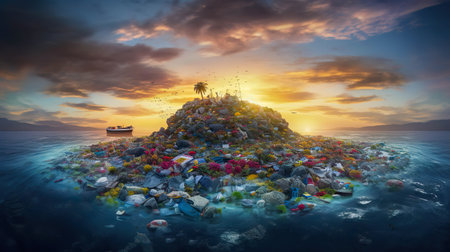 AI generated A massive island of garbage floating in the vast expanse of the ocean, serving as a powerful visual representation.の素材