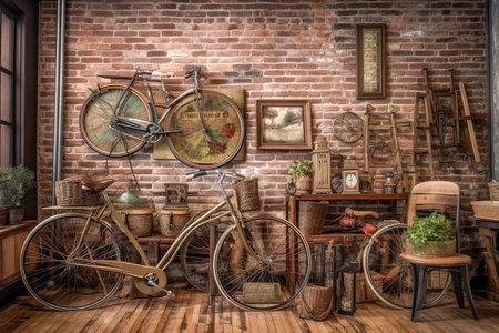 AI generated A fascinating and nostalgic collection of vintage bicycles, meticulously arranged and displayed against the rustic backdrop of an old brick wall.の素材