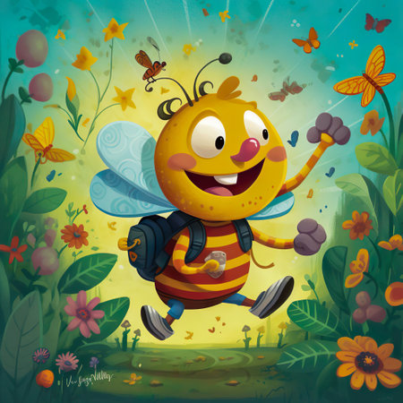AI generated A charming cartoon-style illustration for World Bee Day, showcasing an adorable bee character buzzing cheerfully among vibrant, colorful flowers in a lively garden setting.の素材