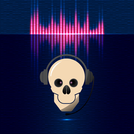 Disco background with skull in headphones, equalizer in blue shadesのイラスト素材