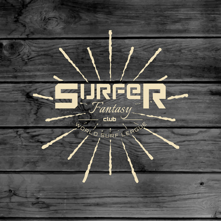 Surf badges logos and labels for any use, wooden background texture のイラスト素材