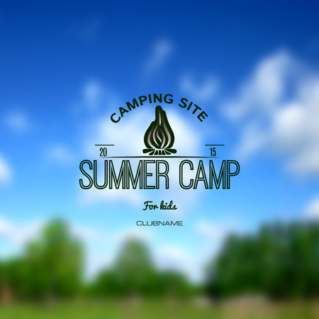 Summer camp badges logos and labels for any use. Blurred background forest sky. EPS10のイラスト素材