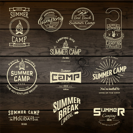 Summer camp badges logos and labels for any use,  on wooden background texture.のイラスト素材