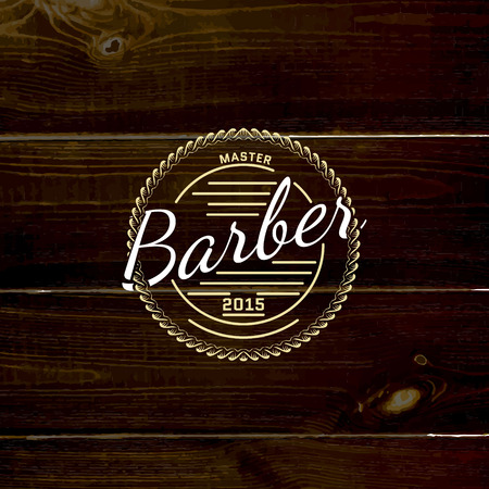 Barbershop badges  and labels for any use,  on wooden background textureのイラスト素材