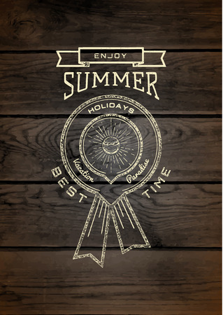 Summer holidays badges  and labels for any use, on wooden background textureのイラスト素材