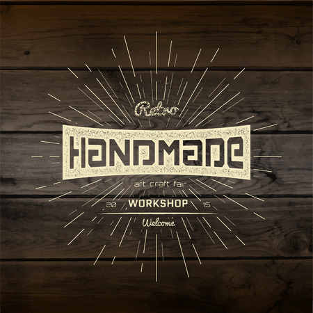 Handmade badges logos and labels for any use, on wooden background textureのイラスト素材