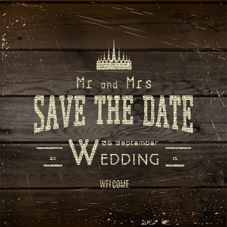 Save the date badges cards and labels, can be used to design wedding cards, presentations, invitations on wooden background textureのイラスト素材