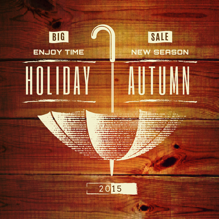 Autumn badges logos and labels can be used to design packages of goods during autumn sales at the pixel wooden background.のイラスト素材