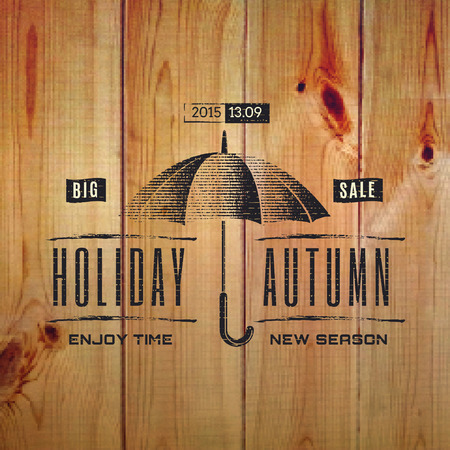 Autumn badges logos and labels can be used to design packages of goods during autumn sales at the pixel wooden background.のイラスト素材