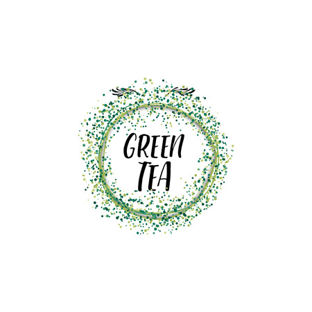 Badge as part of the design - Green tea Sticker, stamp, logo - for design, hands made. With the use of floral elements, calligraphy and letteringのイラスト素材