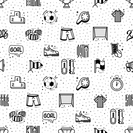 A set of soccer icons - seamless pattern, in a cartoon style doodle, completely handmade.のイラスト素材