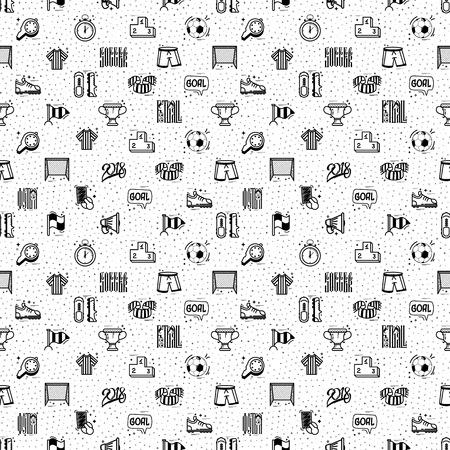 A set of soccer icons - seamless pattern, in a cartoon style doodle, completely handmade.のイラスト素材