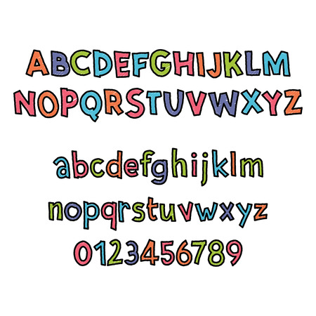 Colored Latin alphabet. Childrens font in cute cartoon style. Uppercase and uppercase letters and numbers.のイラスト素材