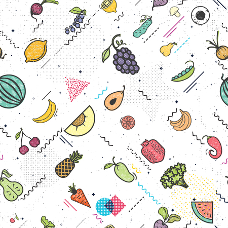 Fruits and vegetables seamless pattern memphis style, vegetarian set, summer isolated color vector icons.のイラスト素材