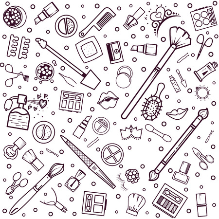 Makeup seamless pattern. Illustrations of different cosmetics. Lipstick and pomade, brushes for make up glamour. Vector backgroundの写真素材
