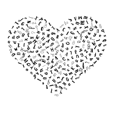 Vector pattern heart with letters of the alphabet in random order on a white background. Suitable for web backgrounds, textiles and wrapping paper.のイラスト素材
