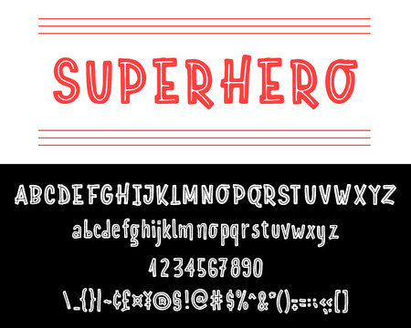 SuperHero font. Hand drawn typeface set isolated on white. Vector logo font. Typography alphabet for your designs: logo, typeface, card, wedding invitation.のイラスト素材
