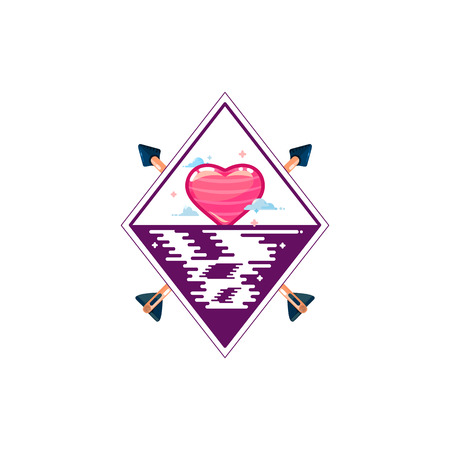 Heart sunrise or sunset on the river, flat design styleのイラスト素材