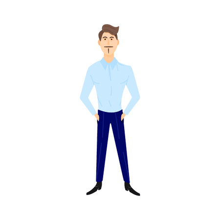 young man blue shirt stands straight hands in pocketsのイラスト素材
