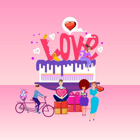 Love inscription on a big cake and tiny people around. pink romantic template. flat design style vector graphic illustration various people set.のイラスト素材