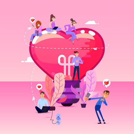 Big heart shaped bulbs and tiny people around. pink romantic template. flat design style vector graphic illustration various people set. Isolated objectsのイラスト素材